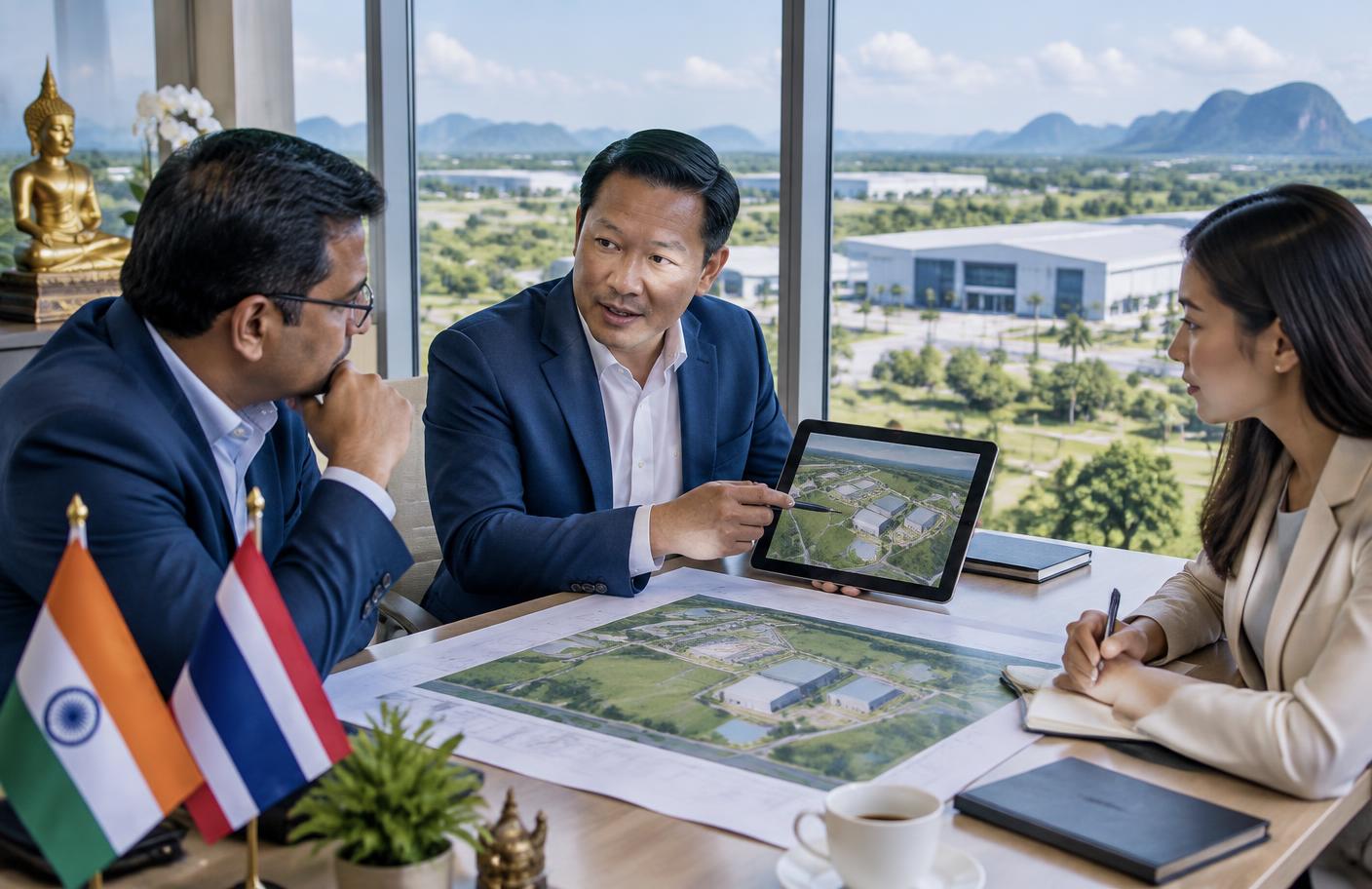 A Thai business owner presenting a verified property opportunity to an Indian investor