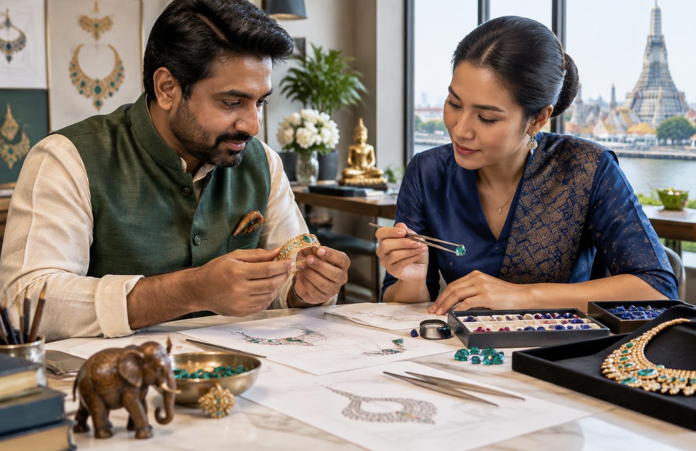 Indian jewellery designer and Thai gemstone specialist reviewing a new piece