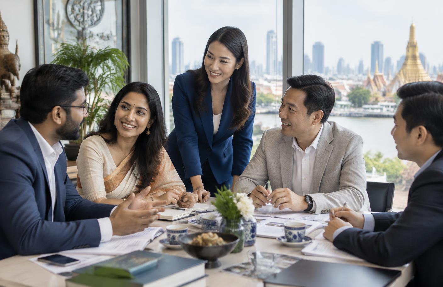 Indian and Thai business professionals building relationships in Bangkok