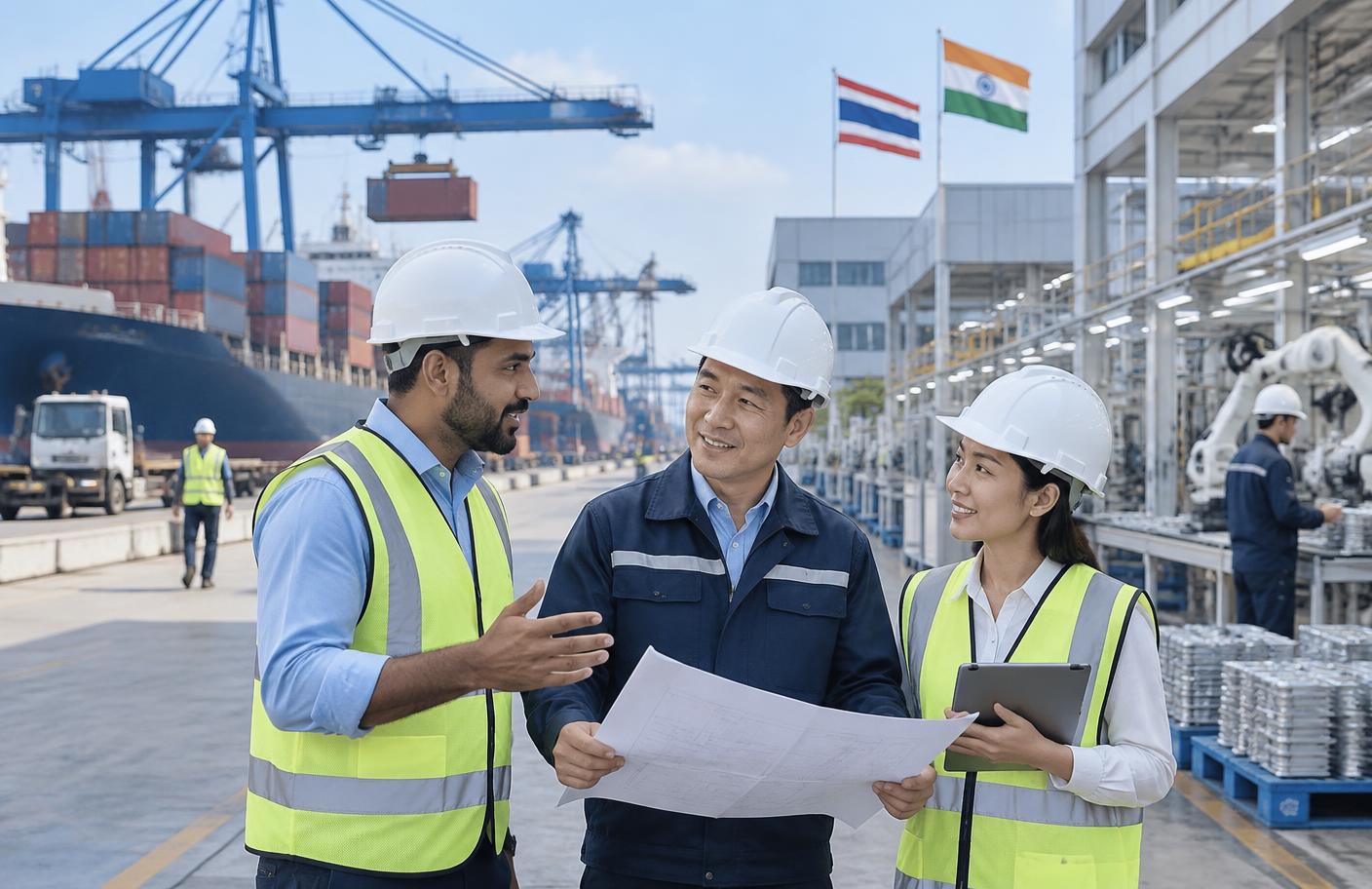 Indian and Thai engineers at a logistics and manufacturing facility